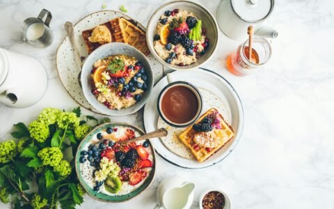 fruit salad on gray bowls